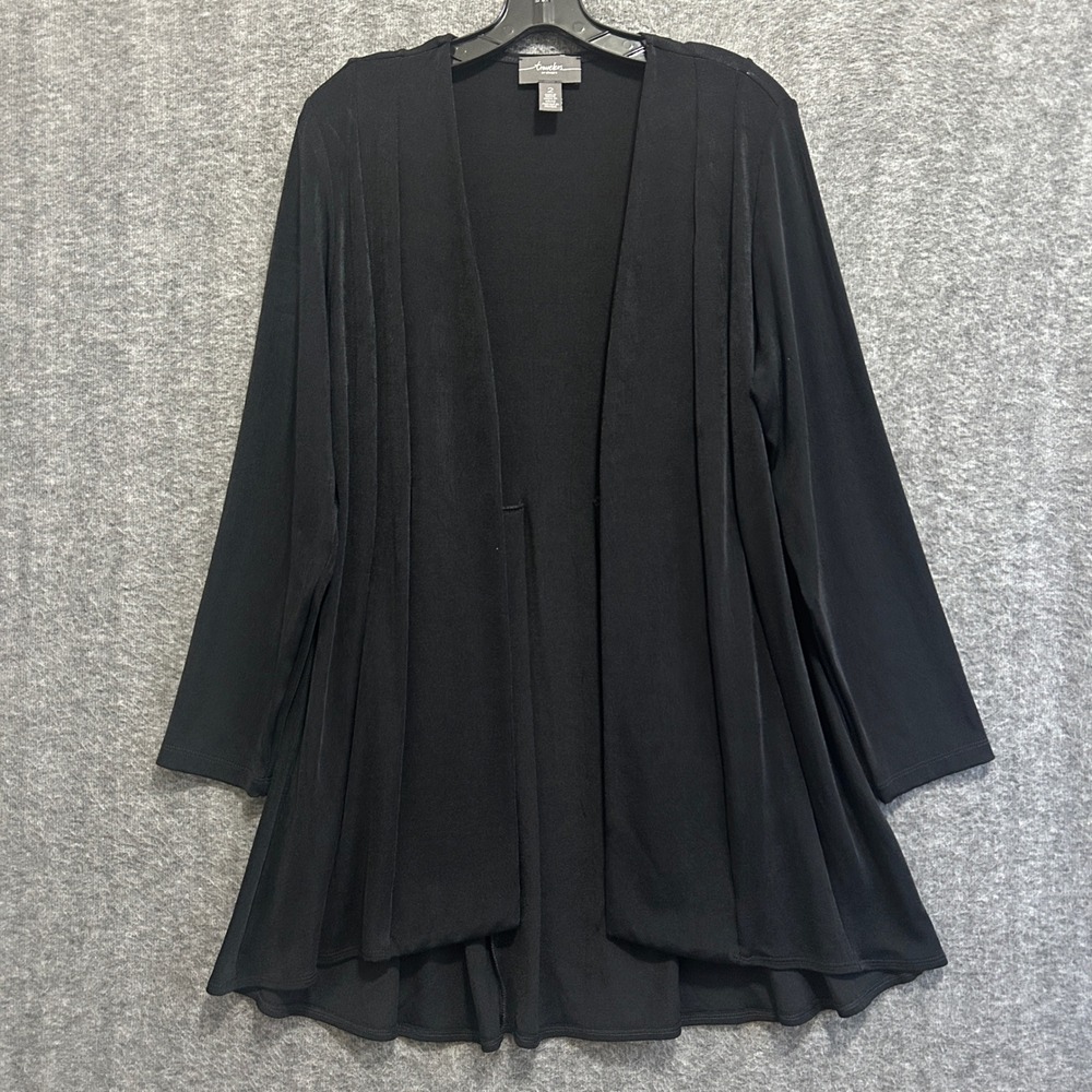 Chicos Travelers Open Cardigan Womens 2 L Black Long Slinky Minimalist Career